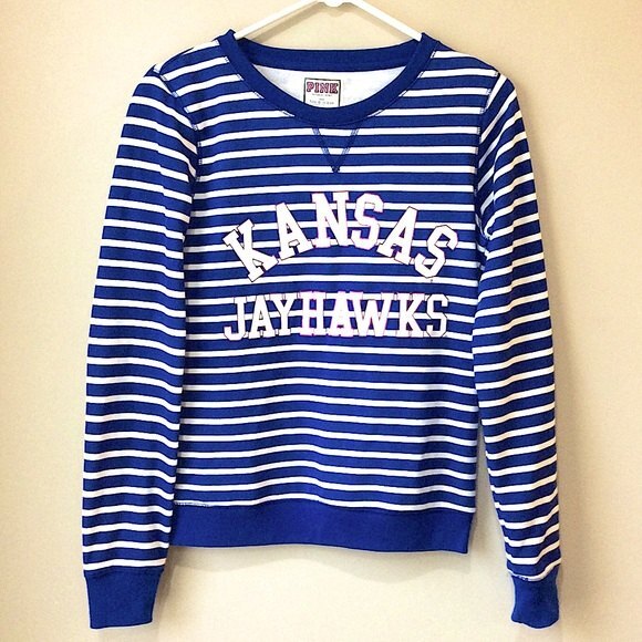VS PINK KU Jayhawks Sweatshirt Blue Stripe Sz Small Victoria's Secret Kansas - Picture 1 of 5
